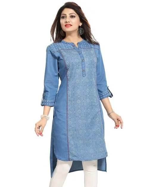 Denim High-Low Kurti with Roll-Up Sleeves