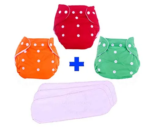 THE LITTLE LOOKERS Adjustable Cotton Pocket Diapers & Reusable Baby Washable Cloth Diaper Nappies with Wet-Free Inserts for Babies/Infants/Toddlers |Age 0 to 2 Years|Pack of 3 (Random Colors)