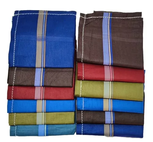 ARTCCOT - Men's Cotton Handkerchief Exclusive Collection | 48 x 48 cms | 12pcs/ Pack | (Dark) Color Design Hanky Two Satin multi-colored stripes with Border quality.