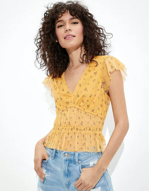American Eagle Women Yellow Flutter-Sleeve Ruched Top