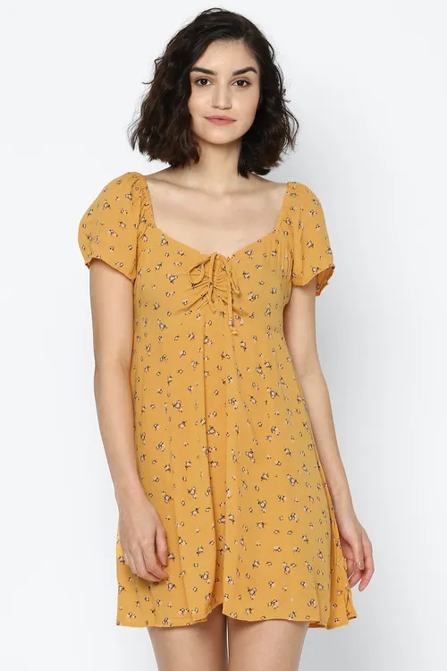 American Eagle Women Yellow Ruched Flutter-Sleeve Mini Dress