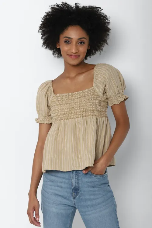 American Eagle Women Brown Square Neck Puff Sleeve Babydoll Blouse