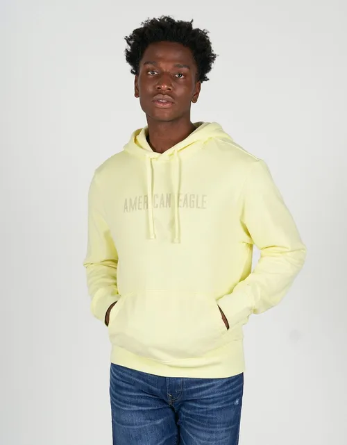 American Eagle Men Yellow Super Soft Graphic Hoodie