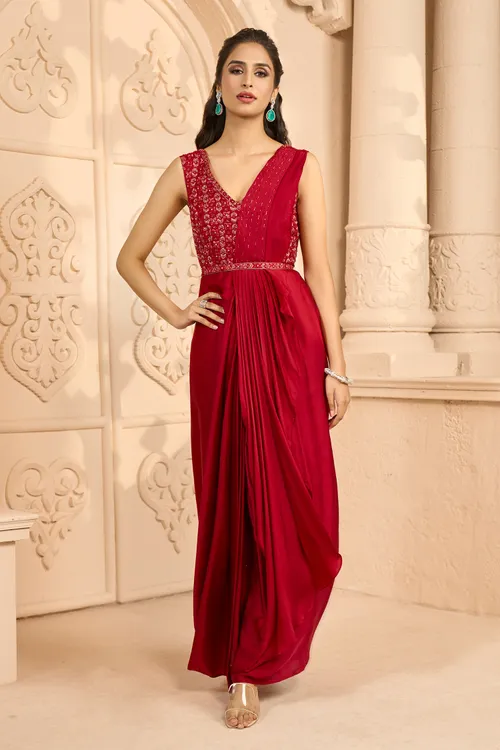 Embroidered Draped Saree Gown