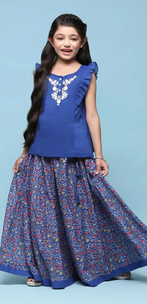 Blue Cotton Straight Printed Kurta Skirt Suit Set