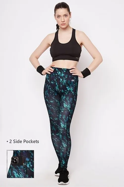 High Rise Printed Active Tights in Seafoam Green with Side Pockets