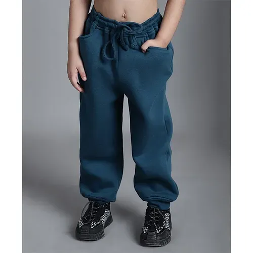 Mini & Ming Solid  Ribbed Winter Joggers  - Teal Blue