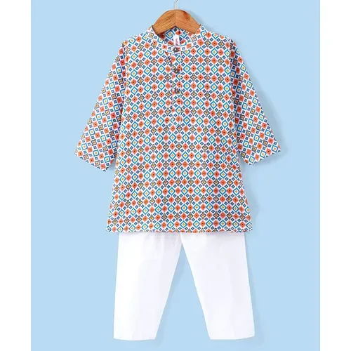 Babyhug 100% Cotton Full Sleeves Square Print Kurta & Pajama Set- Multicolour
