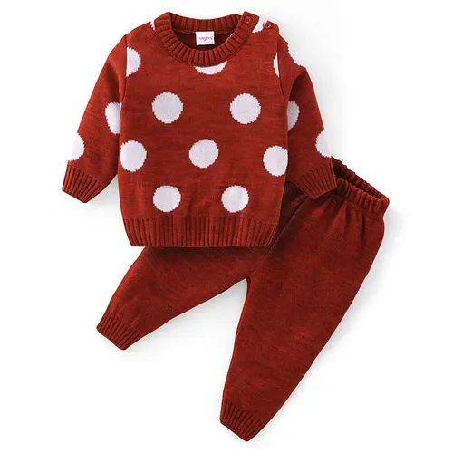 Babyhug Knitted Full Sleeves Sweater  Set With Dots Design - Maroon
