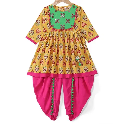 Babyhug Cotton Woven Three Fourth Sleeve Kurti With Dhoti Set With Ikat Print - Yellow