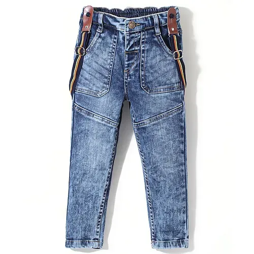 Babyhug DENIM Washed Full Length Jeans With Stretch & Suspender - Blue