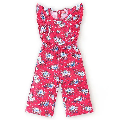 Babyhug 100% Cotton Knit Half Sleeves Jumpsuit with Floral Print - Red