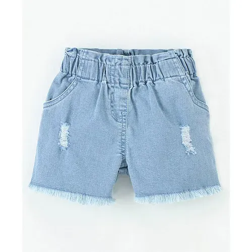 Kookie Kids Cotton Lycra Shorts with Tearing Detailing- Light Blue