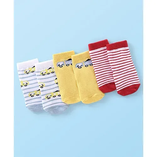 Cute Walk By Babyhug Anti Bacterial Ankle Length Socks Striped & Car Design Pack Of 3 - Red Yellow & Grey
