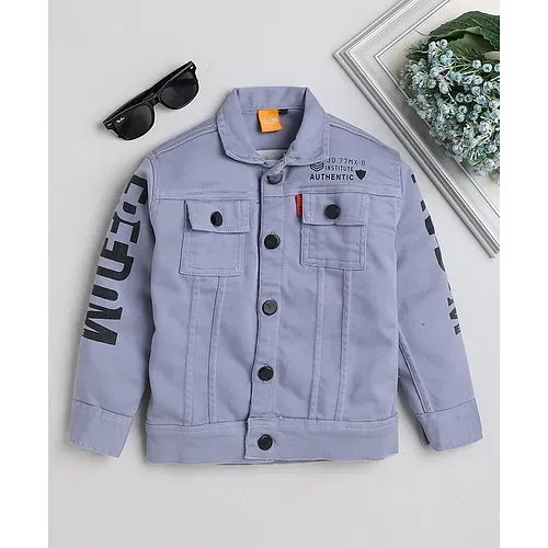 Ministitch Full Sleeves Text Printed  Denim Jacket  -  Airforce Blue