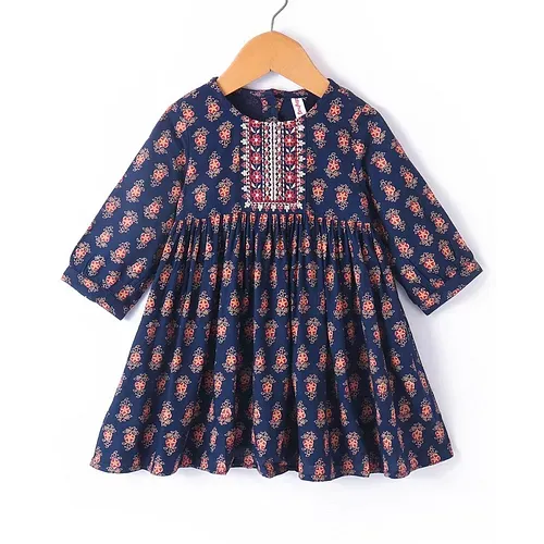 Babyhug 100% Cotton Woven Threefourth Sleeve Ethnic Dress With Floral Embroidery Detailing At Yoke - Navy Blue
