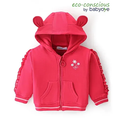 Babyoye Eco Conscious 100% Cotton Full Sleeves Floral Embroidery Hooded Sweat Jacket with Ear Applique - Dark Pink