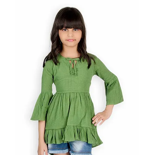 Olele Three Fourth Sleeves Cotton High Low Ruffled Solid Colour Top - Green