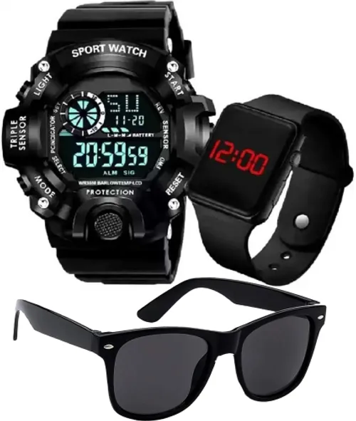 DKERAOD Black-G-Shock-Square-Wayfarer-Combo Wrist Watch LED Calendar Waterproof Digital Watch Gi Watch Kids Sports Watch Digital Watch  - For Boys