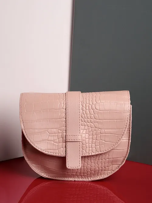 Pink Textured Vegan Leather Sling Bag