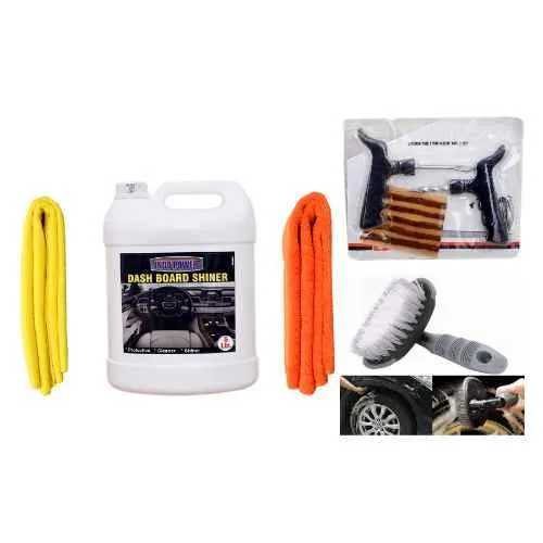 Indopower Ff945 Dashboard Shiner, 2 Pcs Car Cloth, Tubeless Smart Panchar Kit, All Tyre Cleaning Brush Kit, AHh947