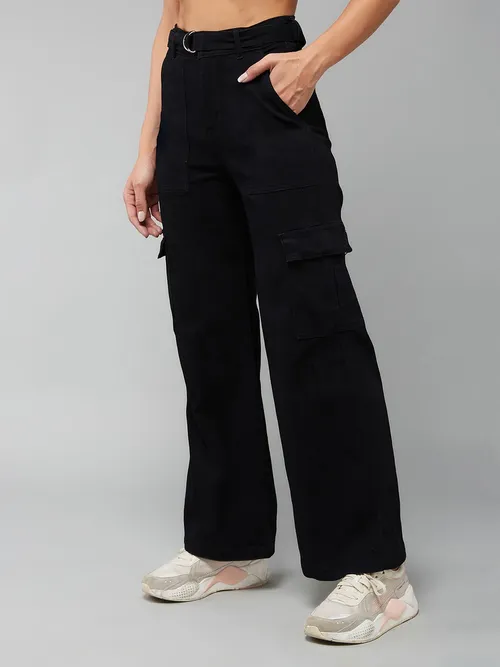 DOLCE CRUDO Women Black Wide Leg High Rise Stretchable Jeans With An Attached Belt