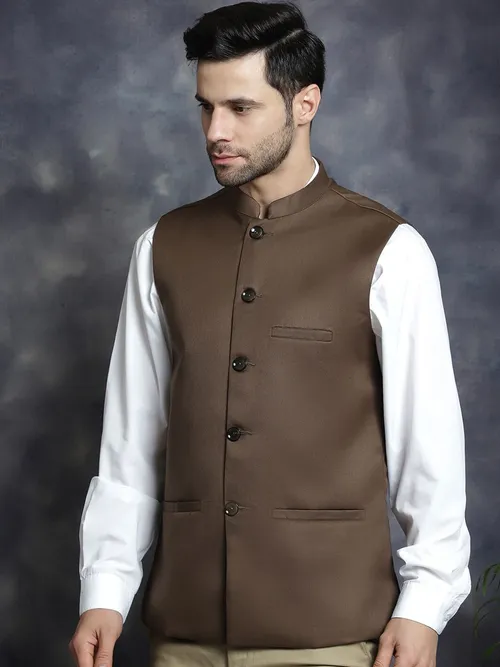 Anouk Brown Mandarin Collar Woven Nehru Jacket