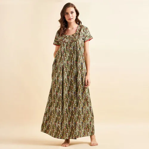 Sweet Dreams Women Cotton Printed Night Gown - Green