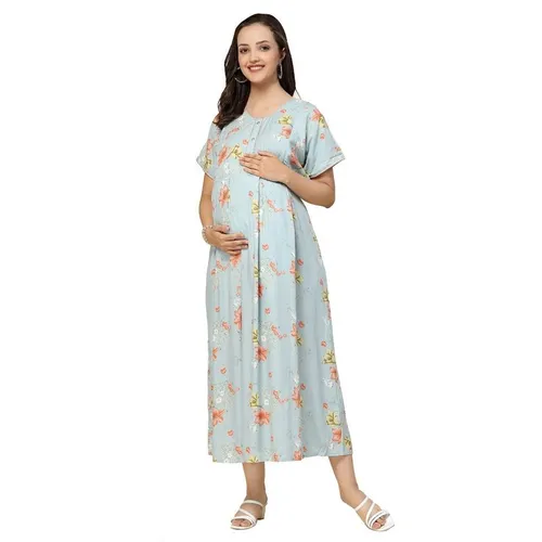 Sweet Dreams Women Floral Print Half Sleeves Maternity Nightdress – Blue