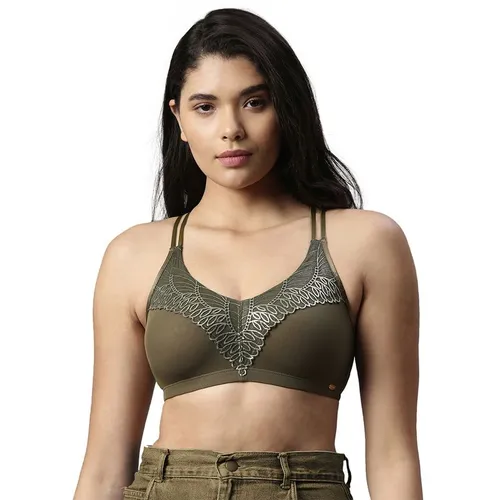 Enamor Womens F073-non Padded Wirefree High Coverage Metallic Lace Bralette-military Olive