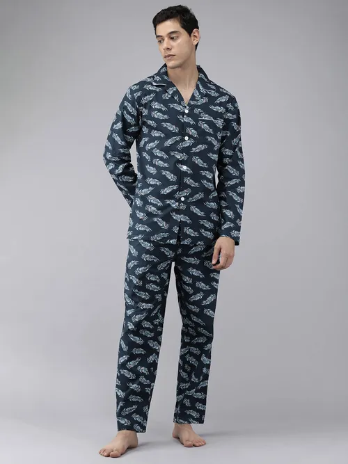 The Bear House - Men Blue Pure Cotton Printed Nightsuit Blue (Set of 2)