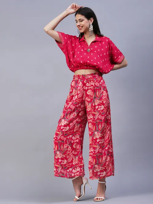 FASHOR Floral Printed Cutdana Embroidered Crop Top with Floral Palazzo Fuchsia (Set of 2)