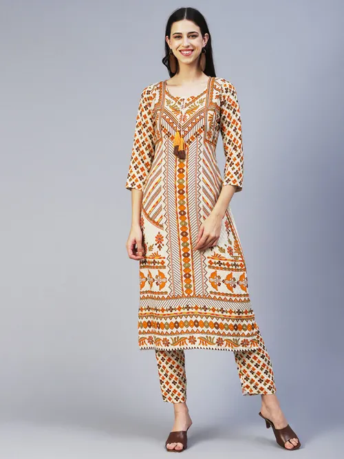 FASHOR Floral Printed Hand Embroidered Kurta with Pant Multi-color (Set of 2)