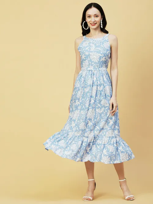 FASHOR Abstract Floral Printed A-Line Fit & Flare Midi Dress with Belt-Blue (Set of 2)