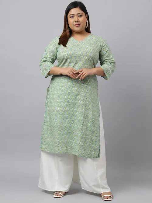 XL LOVE by Janasya Women's Beige Green Cotton Ethnic Motifs Printed Straight Kurta