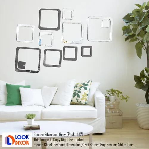 Look Decor-12 Square-(Silver Grey-Pack of 12)-3D Acrylic Mirror Wall Stickers Decoration for Home Wall Office Wall Stylish and Latest Product Code Number 603