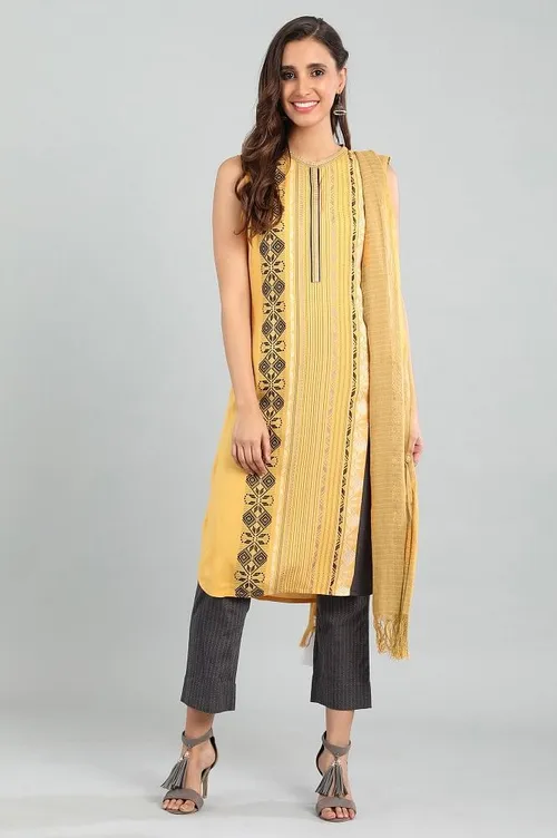 Yellow Band Collar Yarn-dyed kurta