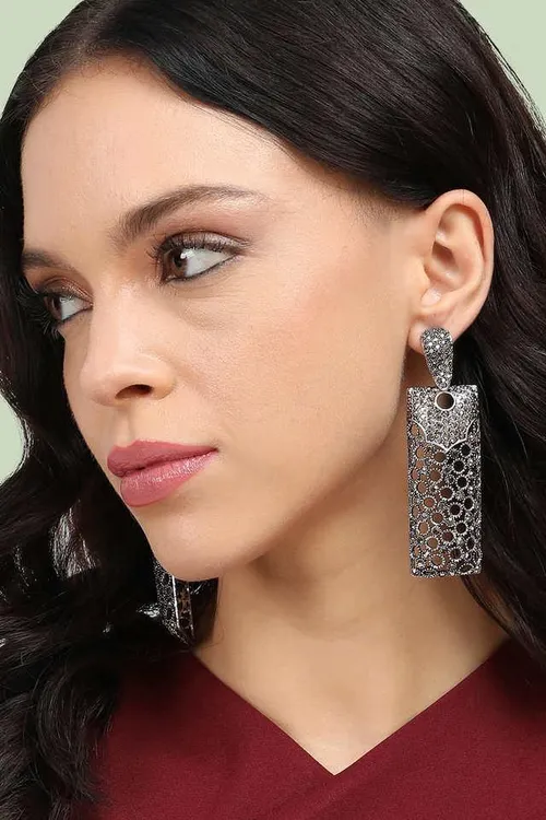 Women's Intricate Crystal Cluster Geometric Drop Earrings - Silver