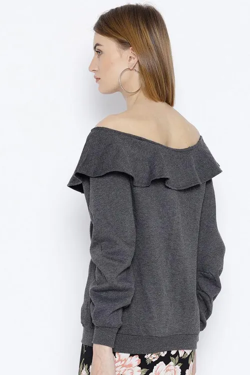 Solid Blended Round Neck Women's Sweatshirt - Dark Grey