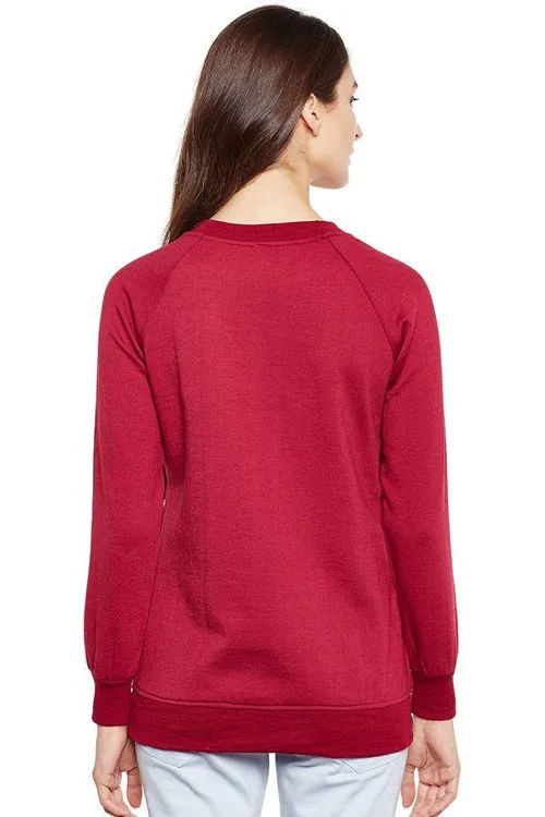 Solid Blended Round Neck Women's Sweatshirt - Maroon