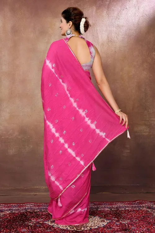 Printed Cotton Party Wear Women's Saree - Pink