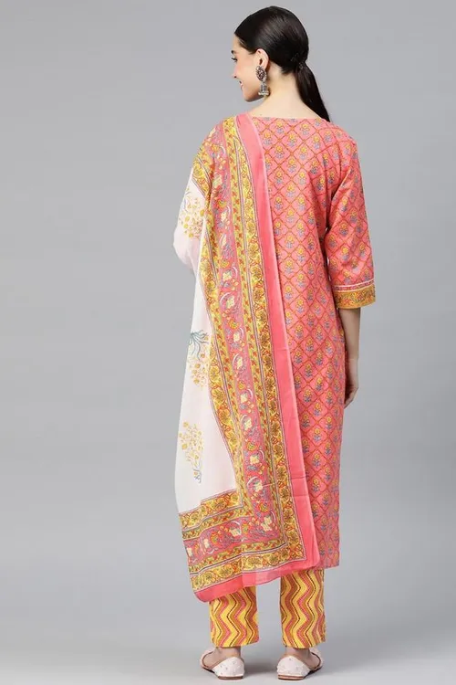 Printed Cotton Regular Fit Women's Kurta Set - Pink