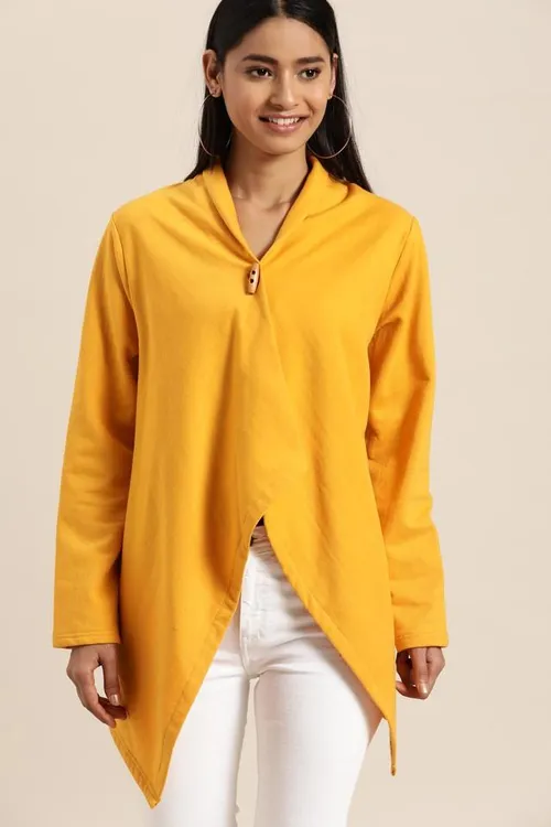 Solid Fleece V Neck Womens Jacket – Yellow