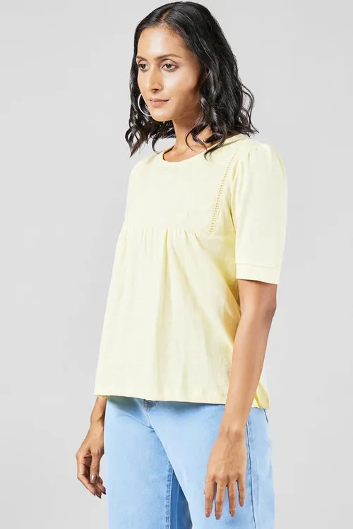 Embroidered Cotton Blend Round Neck Women's T-Shirt - Yellow