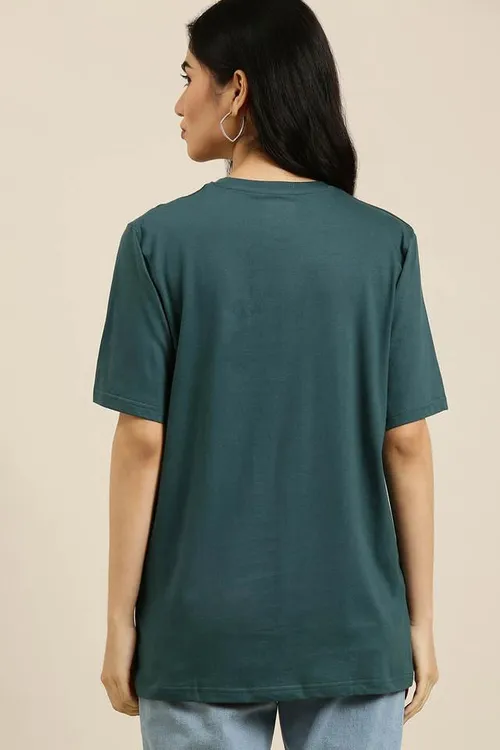 Typographic Cotton Round Neck Women's Oversized T-Shirt - Green