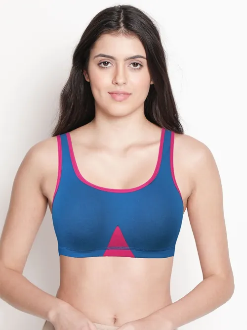 Susie Methyl Blue Contrast Neck Basic Cotton Moulded Sports Bra