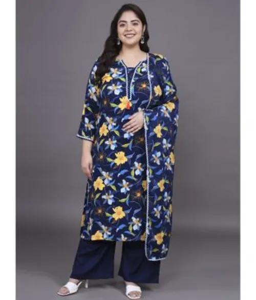 Tissu Rayon Printed Kurti With Palazzo Women's Stitched Salwar Suit - Navy ( Pack of 1 )