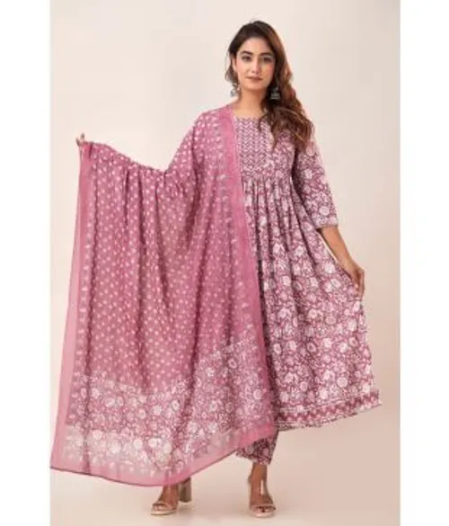 SVARCHI Cotton Printed Kurti With Pants Women's Stitched Salwar Suit - Pink ( Pack of 1 )