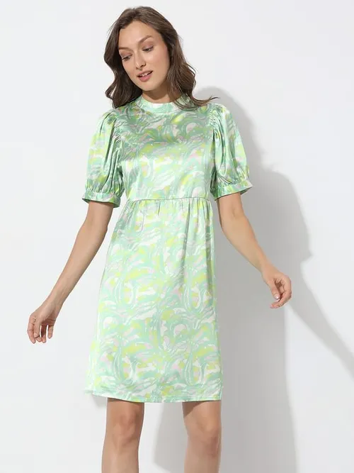 Green Abstract Print Fit & Flare Dress